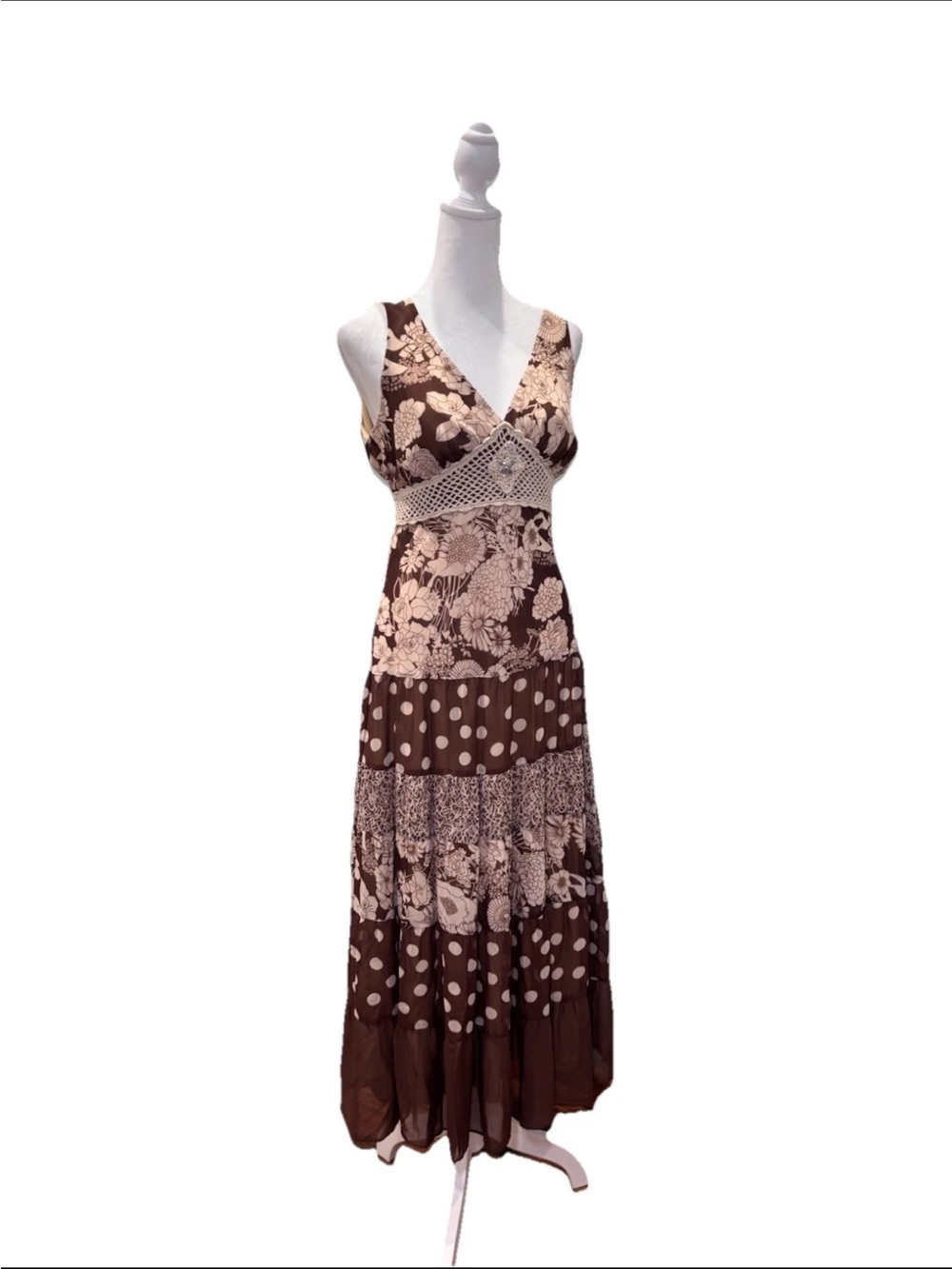 Cato Boho Maxi Dress Floral Polka Dot Crochet Waist Size 6 - Picture 4 of 8